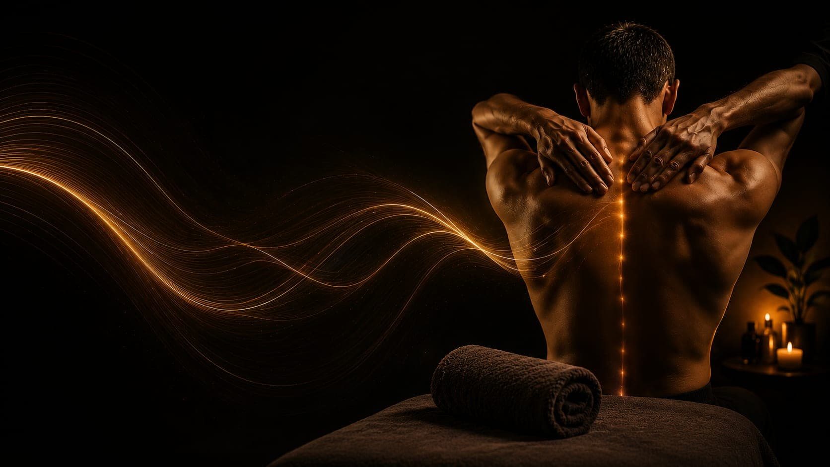 Massage therapist performing a shoulder and back treatment